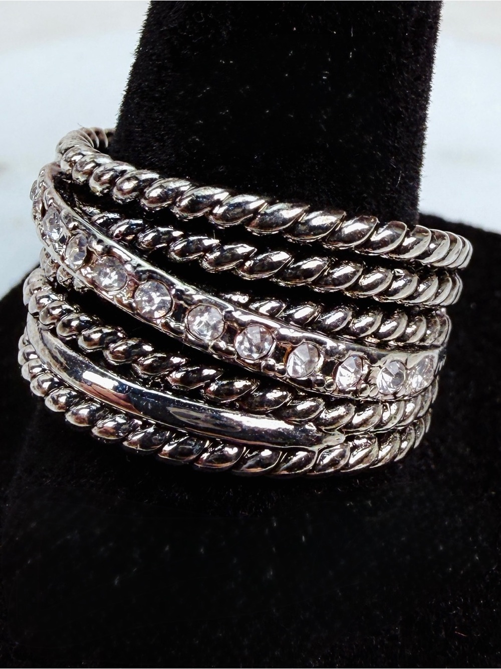 Vintage Silver Tone Multi Band Crossover Statement Ring Size 8